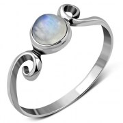 Delicate Silver Spiral Ring, w Rainbow Moonstone, r70